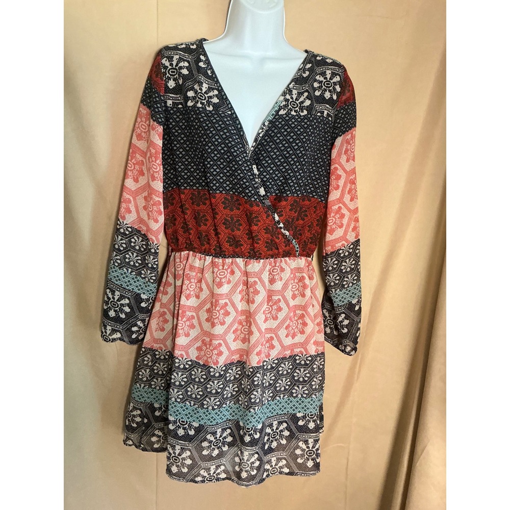 Speed Control Patchwork Mini Dress Womens Medium Multi Color Excellent V-Neck